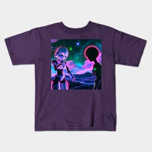 Anime Girl Robot with Alien Kids T-Shirt